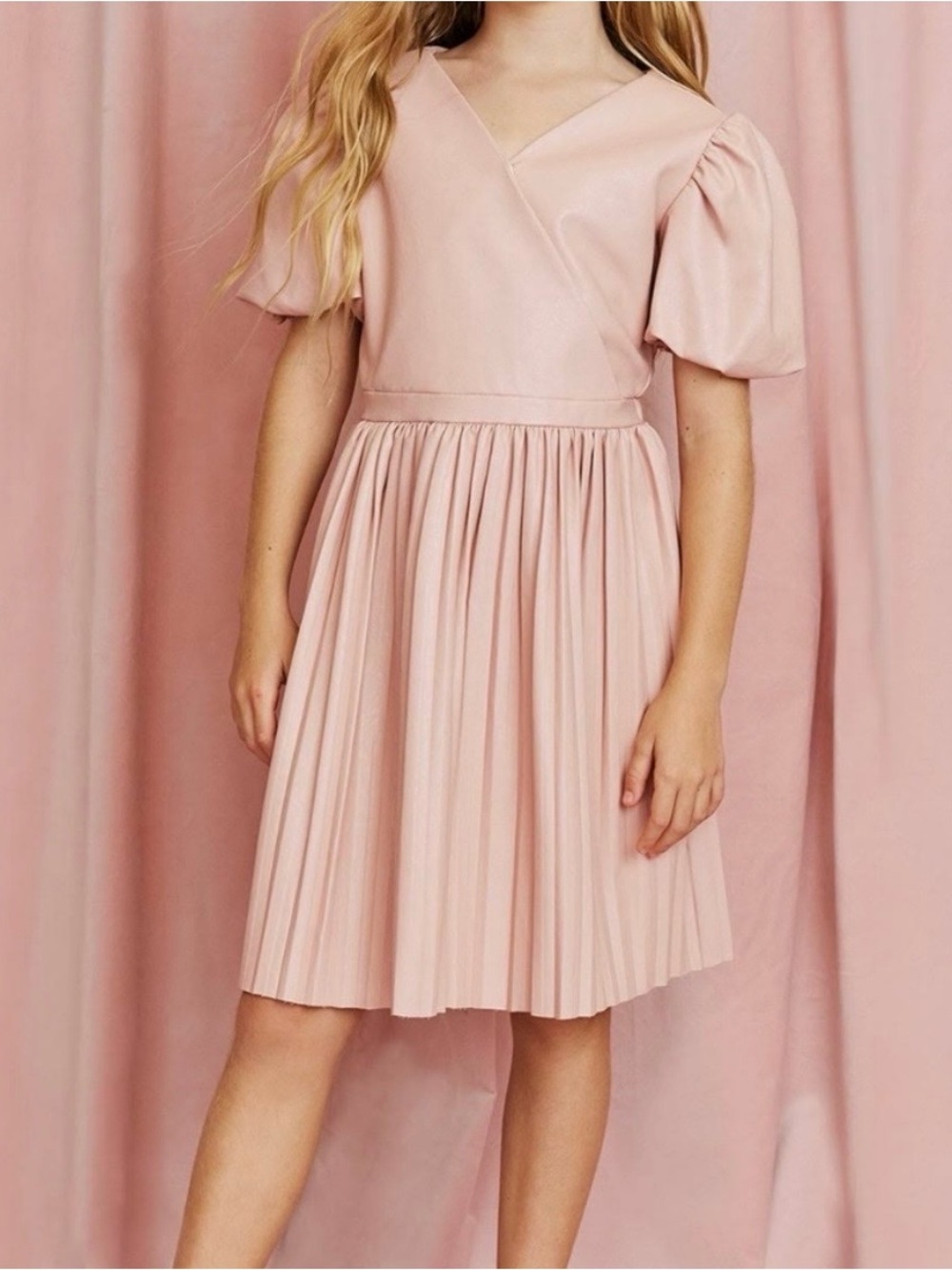 Girls' Pink Puff Sleeve Faux Leather Wrap Dress